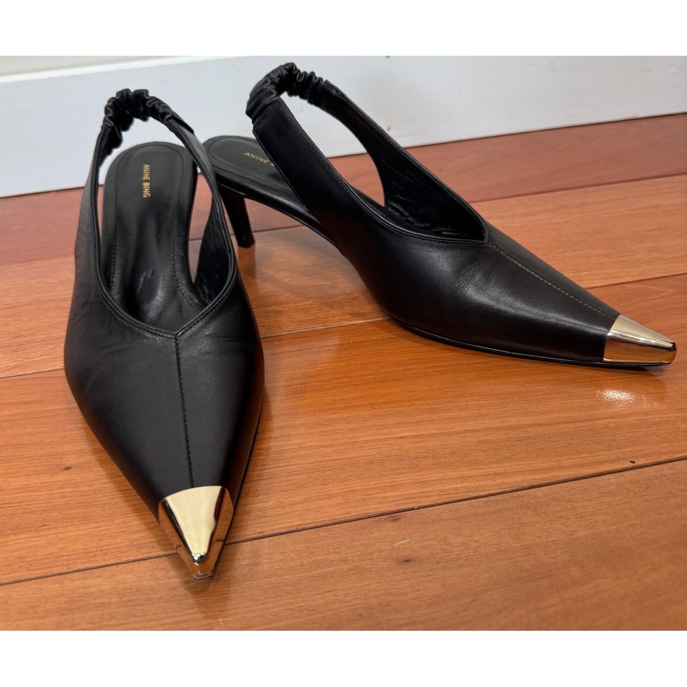 Anine Bing Black Leather Pointed Toe Slingback Heels with Gold Cap